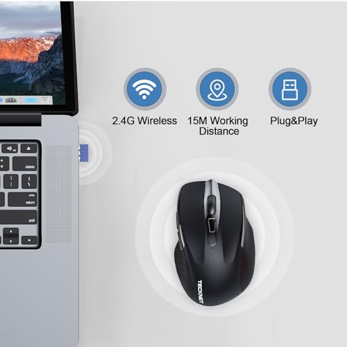 TECKNET Wireless Mouse Rechargeable, 2.4G Silent Mouse, Quiet Click, 6 Adjustable 4800 DPI, Cordless Computer Mouse, Ergonomic Mouse for Laptop, 6 Buttons USB Mouse for Chromebook, Ergo Grip - Black