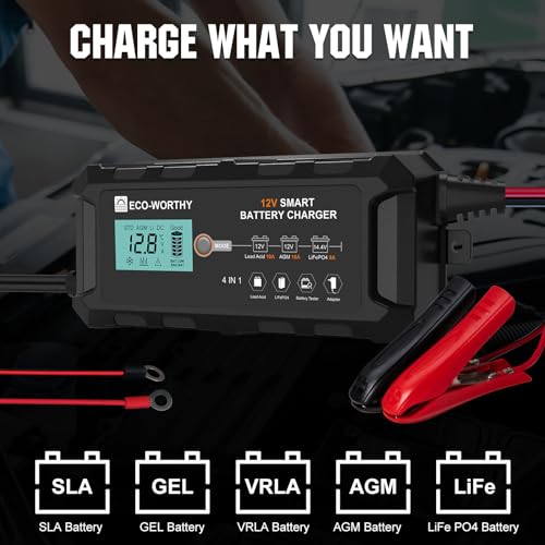 ECO-WORTHY 10A Lifepo4 Battery Charger 12V, Smart Car Battery Charger Automotive Battery Maintainer, Trickle Charger and Desulfator for Lead Acid Motorcycle Marine Boat