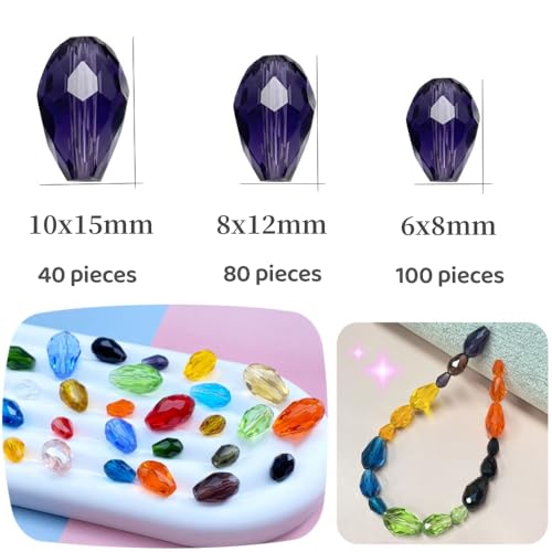 Tingoons 40 PCS 10x15mm Teardrop Crystal Glass Beads Faceted Shape Vertical Hole Loose Glass Beads DIY Handcrafte Bracelet Necklace Earring Jewelry Making(Multicolor)