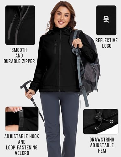 Little Donkey Andy Women’s Softshell Jacket, Ski Snowboarding Jacket with Removable Hood, Fleece Lined Black XS