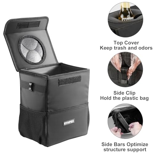Ryhpez Car Trash Can with Lid - Car Trash Bag Hanging with Storage Pockets, Leakproof Collapsible Garbage Can with Solid Structure Support (Upgraded Version)