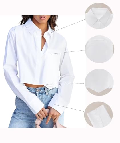 Womens Button Down Cropped Shirts Long Sleeve Summer 2024 Casual Crop Tops Solid Loose Blouse Shirt with Chest Pocket Blue Small