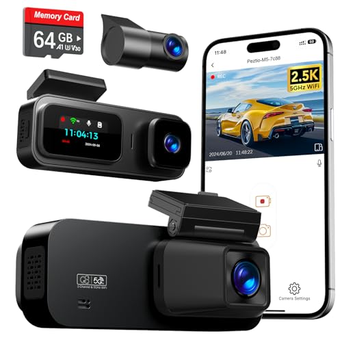 Anyski 3 Channel 5GHz WiFi Dash Cam with 64GB Card, 2.5K+1080P Dash Cam Front and Rear/Inside, 2.5K+1080P+1080P Three Way Dash Camera for Cars, Dashcam 24H Parking Mode, Support 256GB Max Silver