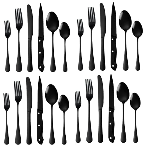 A · HOUSEWARE Silvery Flatware Set 4 Hollow Out Cutlery Stainless Steel Silverware 20 Pieces Forks Spoons and Knives Kitchen Utensils Hanging Handle Durable