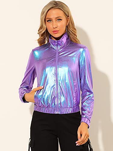 Allegra K Women's Holographic Shiny Party Christmas Long Sleeve Lightweight Zipper Metallic Jacket Small Yellow