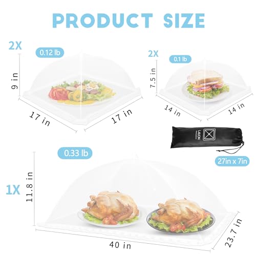 Food Covers, 1 Extra Large (40"X23.7") & 2 (17"X17")& 2 (14"X14"), 5 Pack White Mesh Plate Serving Tents, Pop-Up Umbrella Screen Tents, Jumbo Food Net for Outdoor Picnics Parties BBQ