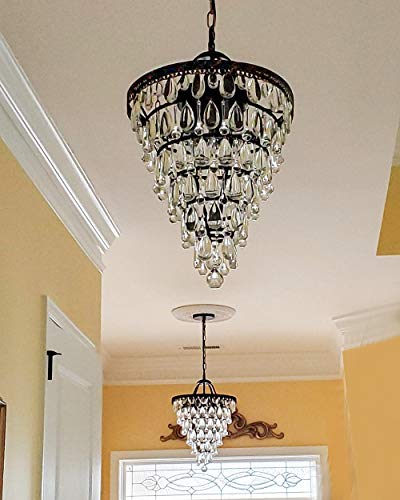 Wellmet 14 Inch Crystal Chandelier,Farmhouse Bronze Bathroom Chandeliers,4-Light Foyer Lighting Hanging Pendant Light Fixture for Bedroom Entryway Living Kids Room Corridor Closet