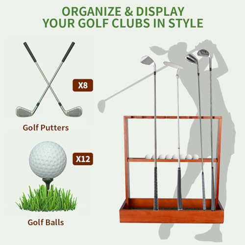 Derkerry Large Golf Club Rack Stand: Wooden Golf Clubs Holder Organizer with Grass Mat for 8 Golf Clubs & 12 Golf Balls - Golf Club Stand Racks for Garage Home Indoor (Black)