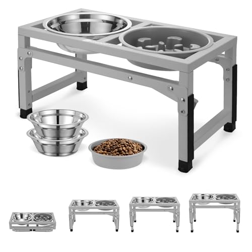 Veehoo Elevated Dog Bowls - Metal Stand with Slow Feeder & 2 Stainless Steel Food/Water Bowls, Non-Slip, Adjusts to 3.7"-12" for Large, Medium & Small Dogs, Grey