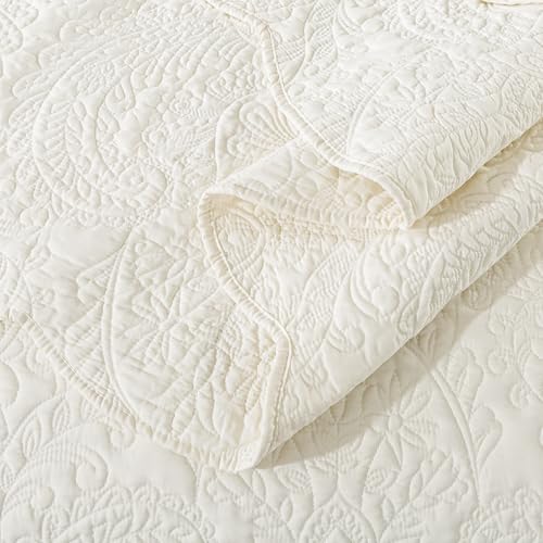 HoneiLife King Quilt Bedding Set - Velvet Quilt Sets 3-Pieces, Lightweight Bedspreads Solid Coverlets Retro Bed Cover Quilt King Size All Season Quilts, Nature White
