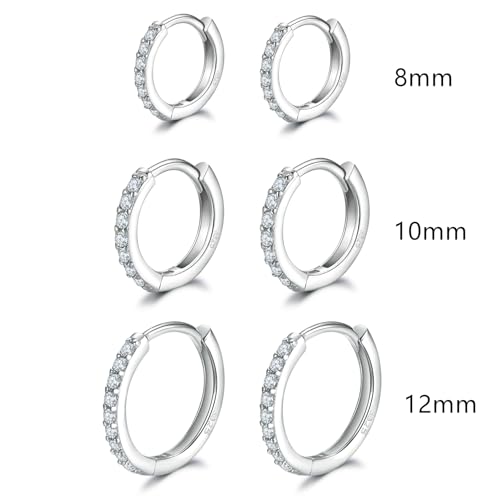 Sterling Silver Hoop Earrings | Sterling Silver Stud Earrings for Women - 6 Pairs Hypoallergenic Tiny Cubic Zirconia Stud Earrings Set & Cartilage Earring Hoops for Girl