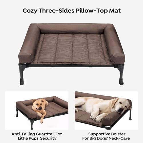 Veehoo Cooling Elevated Dog Bed + Waterproof Removable Pillow-Top Mat, Bolster Dog Cot Bed, Raised Dog Bed with Breathable Mesh, No-Slip Feet, Dog Sofa Bed for Indoor & Outdoor, Medium, Beige CWC2331B