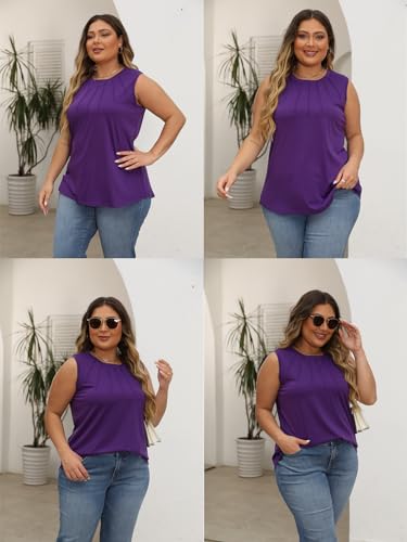 Plus Size Tops for Women Fashion Pleated Front Crewneck Loose Fit Shirt Navy 3XL