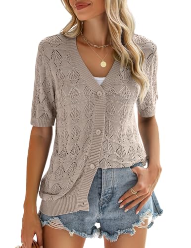 Zeagoo Summer Cardigan for Women Short Sleeve Crochet Knit Bolero Shrug V-Neck Button up Sweater Tops White