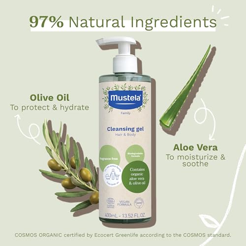 Mustela Certified Organic Cleansing Gel - Natural Hair & Body Wash w/ Olive Oil & Aloe Vera - For Baby, Kid & Adult - Fragrance Free, Tear Free, Vegan & Biodegradable - 13.52 oz. - Packaging may vary