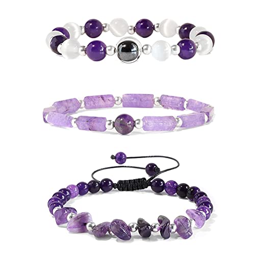 Risyfjew Amethyst Bracelets for Women Natural Stone Healing Beaded Bracelet Stress Anxiety Relief Moonstone Stretch Jewelry Gift for Women