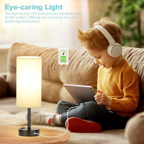 Fenmzee Turquoise Nightstand Table Lamp for Bedroom - 3 Way Dimmable Touch Lamp USB A and C Charging Ports and AC Outlet, Small Lamp for Office Desk with Metal Base, LED Bulb Included