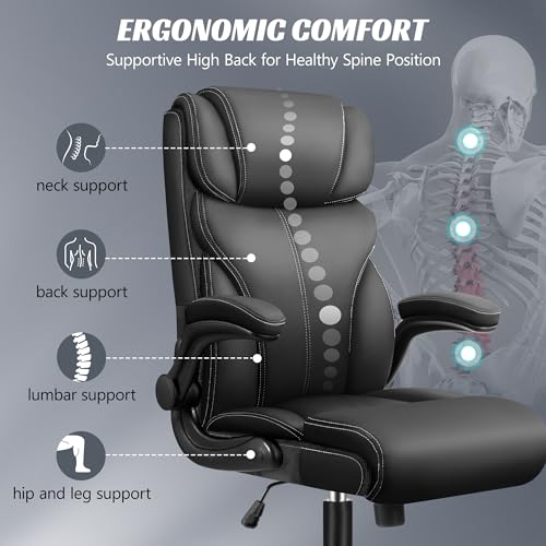 HeroSet Office Chair, Ergonomic Big and Tall Computer Desk Chairs, Executive Breathable Leather Chair with Adjustable High Back Flip-up Armrests, Lumbar Support Swivel PC Chair with Rocking Function