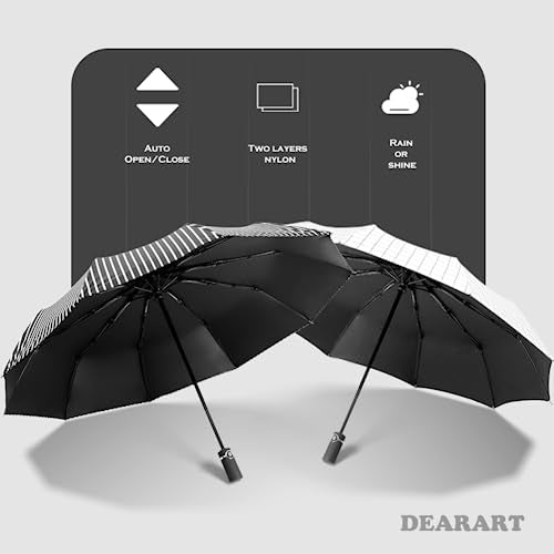 DEARART Umbrella for Rain and Wind, Auto Open&Close Stong Compact Umbrella Folding10 RIBS, Perfect Umbrella Essential Travel/Car/Backpack and on the go, Black Lattic