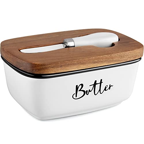 Butter Dish with Lid and Knife for Countertop, Airtight Butter Keeper for Counter or Fridge, Ceramic Butter Container with Thick Acacia Wood Lid, for Farmhouse Kitchen Decor and Accessories, White