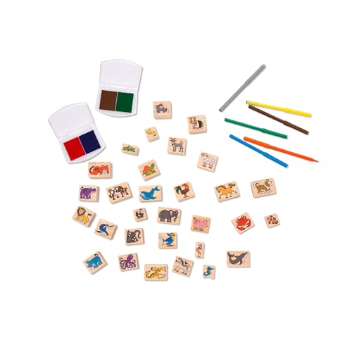 Melissa & Doug Deluxe Wooden Stamp Set: Animals - 30 Stamps, 6 Markers, 2 Stamp Pads Kids Art Projects, Wooden Stamps With Washable Ink, For Kids Ages 4+