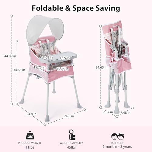 Ezebaby Baby Portable High Chair with Sun Canopy, Foldable High Chairs for Babies and Toddlers with Detachable Tray and 5-Point Harness, Travel High Chair for Indoor and Outdoor Use, Pink