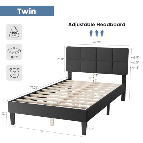 DUMOS Wood Platform Twin Bed Frame - Linen Upholstered Bed with Headboard, No Box Spring Needed, 800LBS Sturdy Wooden Slats Support for Heavy Duty, No-Noise, Mattress Foundation, Dark Grey