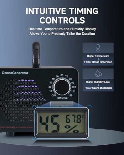 CREWORKS Ozone Generator, 5000 mg/h High Capacity Ozone Machine for Car Home Smoke Pet Odor Removal, Commercial Ozone Odor Eliminator Air Purifier with Timer Display for 3200 sq ft Room, Black