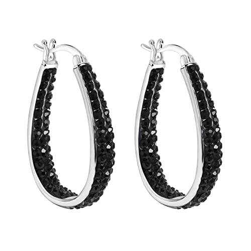 Crystal Hoop Earrings - Silver Plated Inside Out Oval Shape Hoop Earrings for Women, 1.2 Inch (Purple)