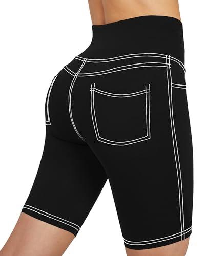 G4Free Biker Shorts for Women Yoga Jean Leggings Shorts 8 inch High Waist with Pockets for Athletic Workout (Black, S)