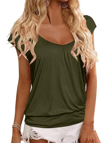 Hongqizo Womens V Neck T Shirts Cap Sleeve Summer Casual Shirts Banded-Bottom Loose Fit Basic Tops Wine Red