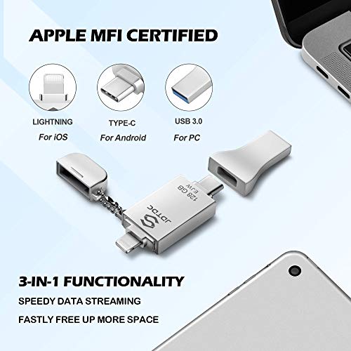 JSL JDTDC 128GB Apple MFi Certified iPhone-Photo-Stick, 3 in 1 USB3.0 iOS Flash-Drive Photo-Stick-for-iPhone Thumb Drives iPhone Backup Memory-Stick for iPhone 15/14/13/12/11, iPad, Android, PC