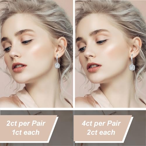 2-4CT Moissanite Dangle Earrings, Halo Square D Color Ideal Cut Simulated Diamond 925 Sterling Silver Earrings for Women with Certificate of Authenticity (2CT)