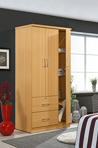 Hodedah 3-Door Armoire with 2-Drawers, 3-Shelves in Beech