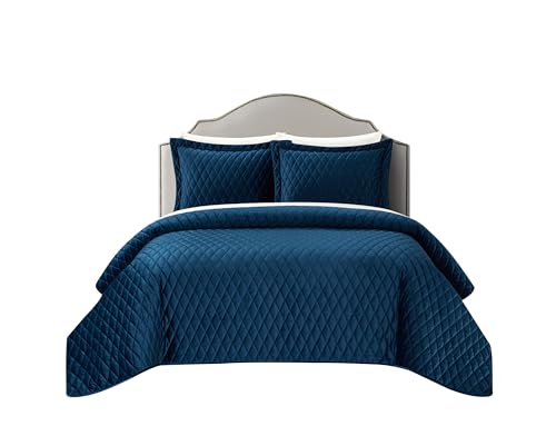 New York & Company Wafa 3 Piece Velvet Quilt Set Diamond Stitched Pattern Bedding - Pillow Shams Included, Queen, Blue