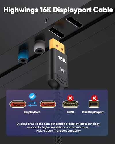 Highwings Displayport Cable 2.1, 16K DP 2.0 Cable 3.3FT [16K@60Hz, 8K@120Hz, 4K@240Hz 165Hz 144Hz] Support 80Gbps, HDCP DSC 1.2a, HDR10 FreeSync G-Sync for 3090 Graphics PC