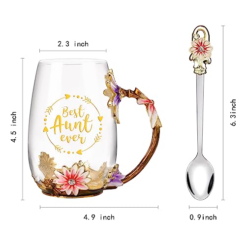 OEAGO Gifts for Women Mom Mothers Valentines Day Tea Cup Best Birthday Butterfly Rose Gifts for Her from Daughter Son Glass Coffee Christmas Enamels Mug Lead-Free with Spoon Set