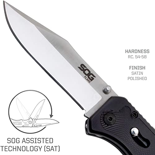 SOG Flare Folding and Pocket Knife Assisted Opening Tech Knife w/ 3.5 Inch Stainless Straight Edge Blade & Tactical Knife GRN Grip (FLA1001-CP), Black