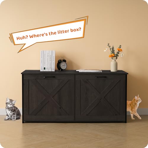 Dwanton 46" Litter Box Enclosure for 2 Cats, Large Cat Litter Box Furniture Hidden with Double Rooms, Wooden Cat Washroom Indoor, Fit Most of Litter Box, Dark Gray, 46" L x 19.7" W x 21.7" H