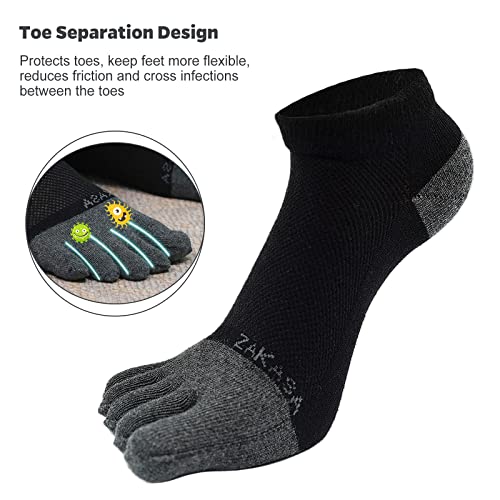 ZAKASA Mens Ankle Toe Socks Athletic Running Five Finger Socks Cotton Low Cut No Show Socks 5 Pairs Size 8-15 Multicolor