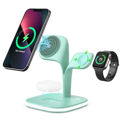 EXW Charging Station, Magnetic Wireless Charger, 5 in 1 Fast Mag-Safe Wireless Charger Stand for iPhone 16,15 14,13,12 Pro/Max/Mini/Plus, Apple Watch 9/8/7/6/SE/5/4/3/2 and Airpods 3/2/Pro/Pro（Green）