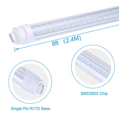 FALANFA 8ft R17D Rotatable HO Base led Tube Light 65W,270 Degree V Shaped LED Chip Bulbs,T8 6000K Cool White,Clear Cover,85V-265V,Dual-Ended Powered(Pack of 4