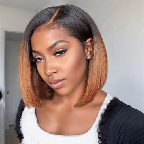 HIRIREMY 16 Inch Ombre Highlight Curly Bob Wig Human Hair For Black Women Wear And Go Glueless 13x4 HD Honey Blonde Highlight Deep Wave Lace Front Wigs Human Hair Pre Plucked Wet And Wavy 4/27