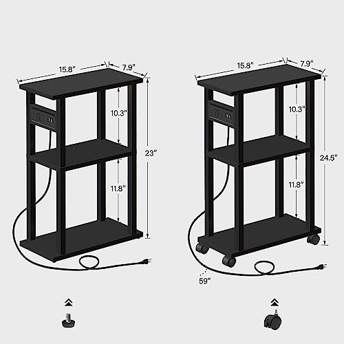 TUTOTAK Small Narrow Side Table with Charging Station, Skinny End Table for Small Spaces, Slim Nightstand with USB Ports and Outlet, Sofa Beside Table with Wheels, Black TB01BK046