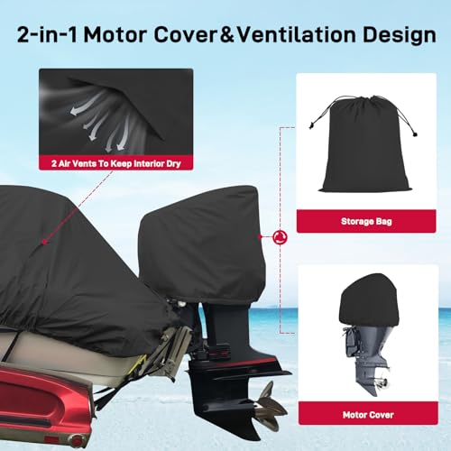 Mionovity 600D Heavy Duty Waterproof Boat Cover, Boat Cover 14-16 ft, Fits V-Hull, Tri-Hull, Fishing Boat, Pro-Style Bass Boat,14' 15' 16' Boat Covers with Outboard Motor Cover & Windproof Strap