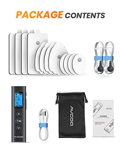 AVCOO 30 Modes TENS EMS Unit Compact Muscle Stimulator for Pain Relief, Rechargeable & Portable Dual Channel EMS Muscle Stimulator with 30 Intensity Levels and 12 Electrode Tens Unit Replacement Pads