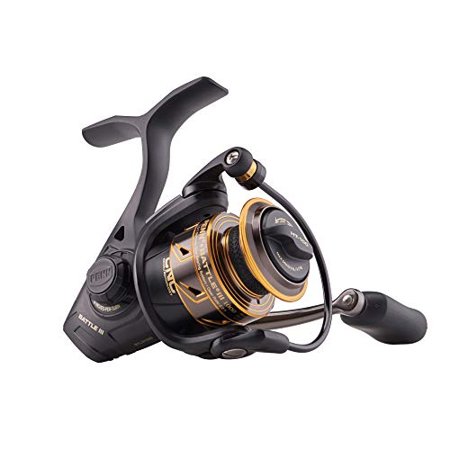 PENN Battle III Spinning Inshore Fishing Reel, HT-100 Front Drag, max of 9lb | 4.0kg, Made with Sturdy All-Aluminum Composition for Durability, Black Gold, 1000