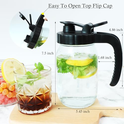 Mason Jars Pitcher 1 Quart Glass Breastmilk Pitcher With Pour Lid For Fridge 32 Oz Wide Mouth Water Jugs With Top Flip Cap & Pour Spout For Cold Brew Coffee,Sun Tea,Juice Airtight Storage & Leakproof