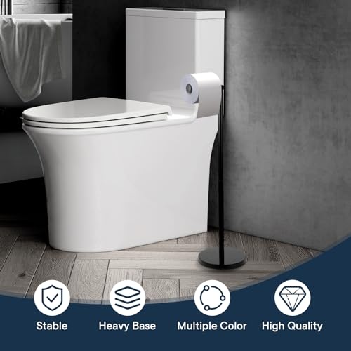 Toilet Paper Holder Stand with Weighted Natural Marble Base, Bathroom Free Standing Toilet Paper Roll Holder with Reserve, Standing Toilet Tissue Holder with Storage (Black, with Storage)