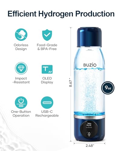 Hydrogen Water Bottle, BUZIO 3000ppb Hydrogen Water Bottle Generator Machine with Gen5 Technology Real Pure Hydrogen Concentration Alkaline Water bottle for Fitness, with Dupont Membrane, OLED Display